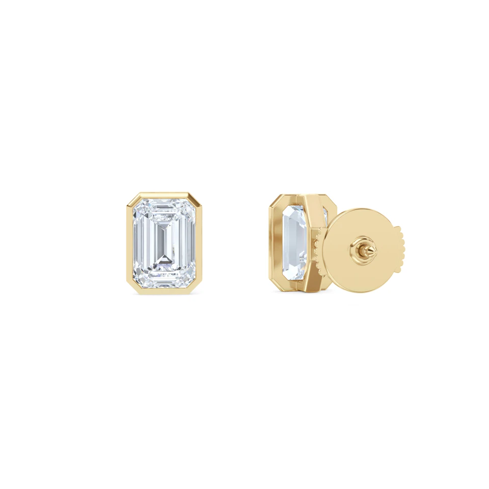 Bezel Set 3.00ct Emerald Cut Lab Diamond Stud Earrings in 18K Yellow Gold