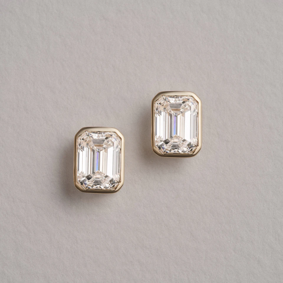 Bezel Set 3.00ct Emerald Cut Lab Diamond Stud Earrings in 18K Yellow Gold