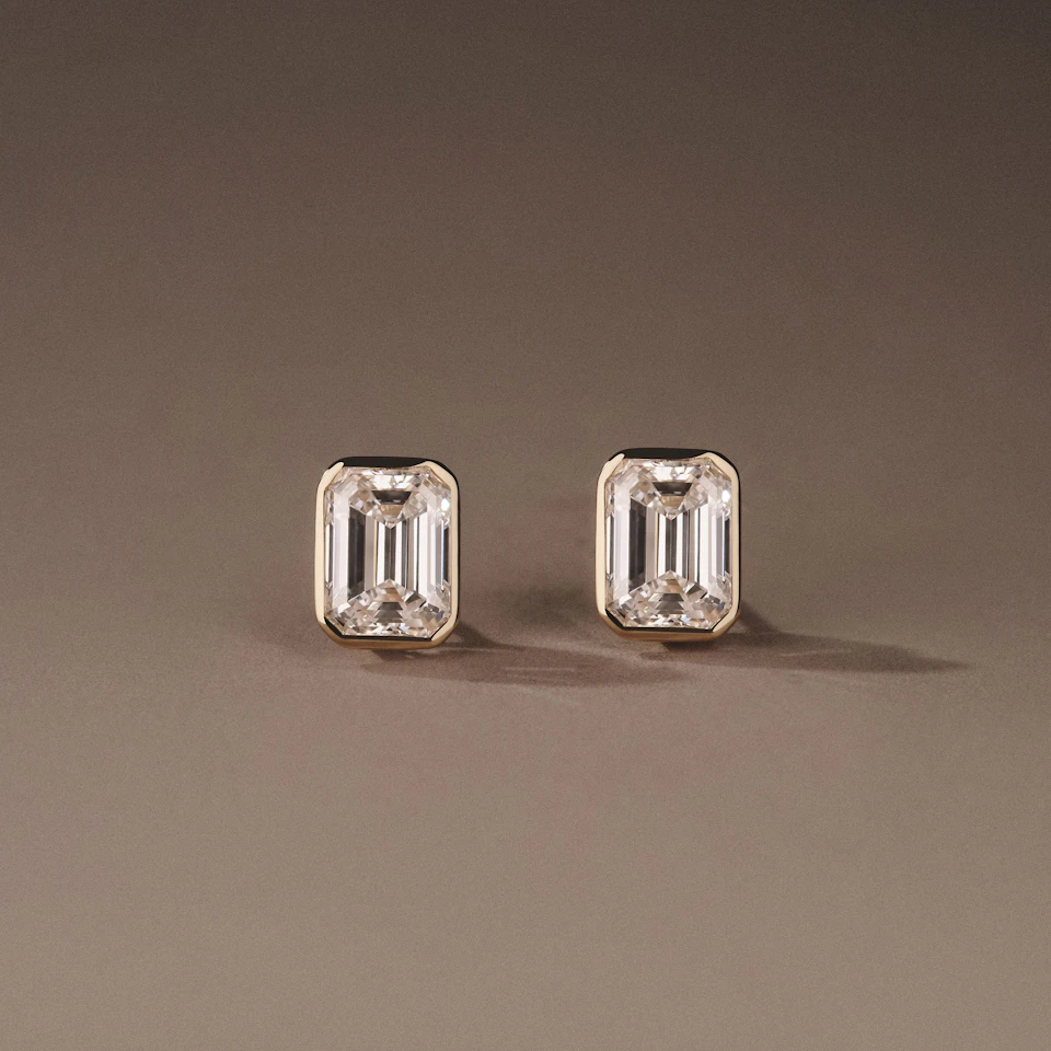 Bezel Set 3.00ct Emerald Cut Lab Diamond Stud Earrings in 18K Yellow Gold