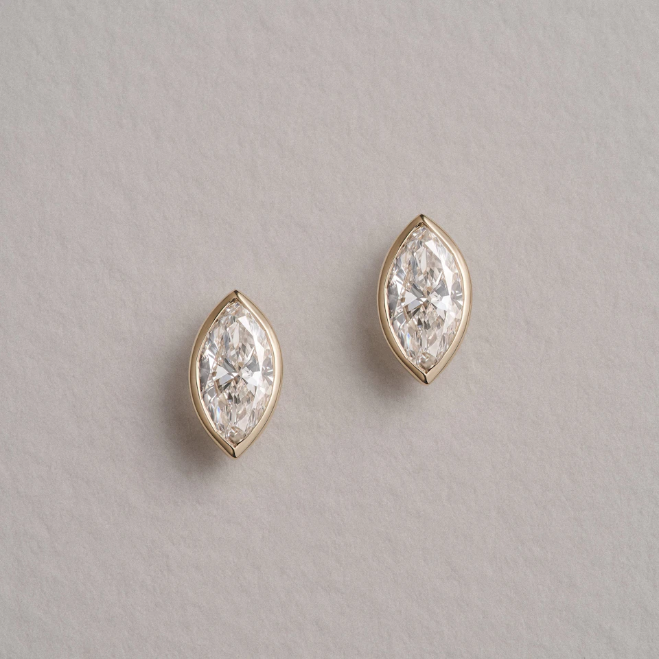 Bezel Set 1.00ct Marquise Cut Lab Diamond Stud Earrings in 18K Yellow Gold