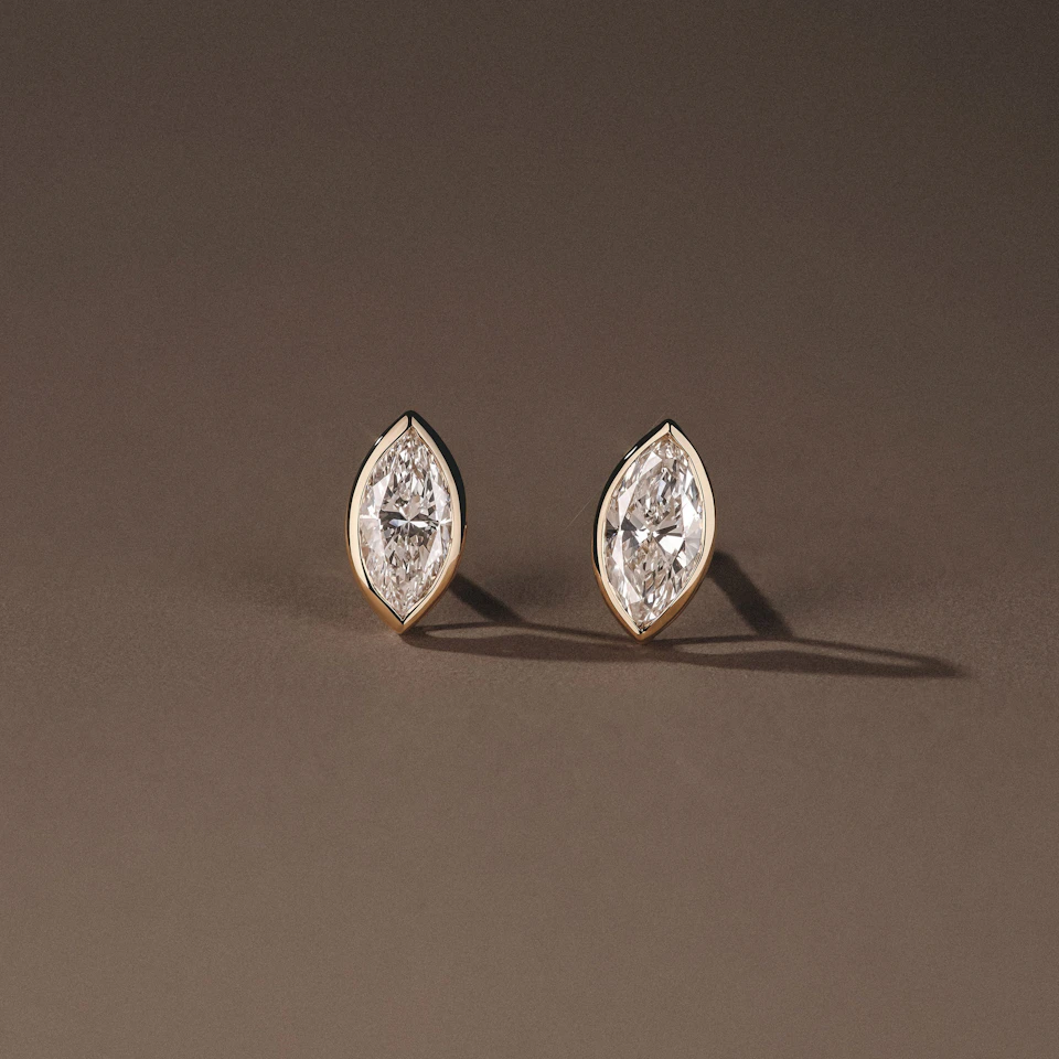 Bezel Set 1.00ct Marquise Cut Lab Diamond Stud Earrings in 18K Yellow Gold