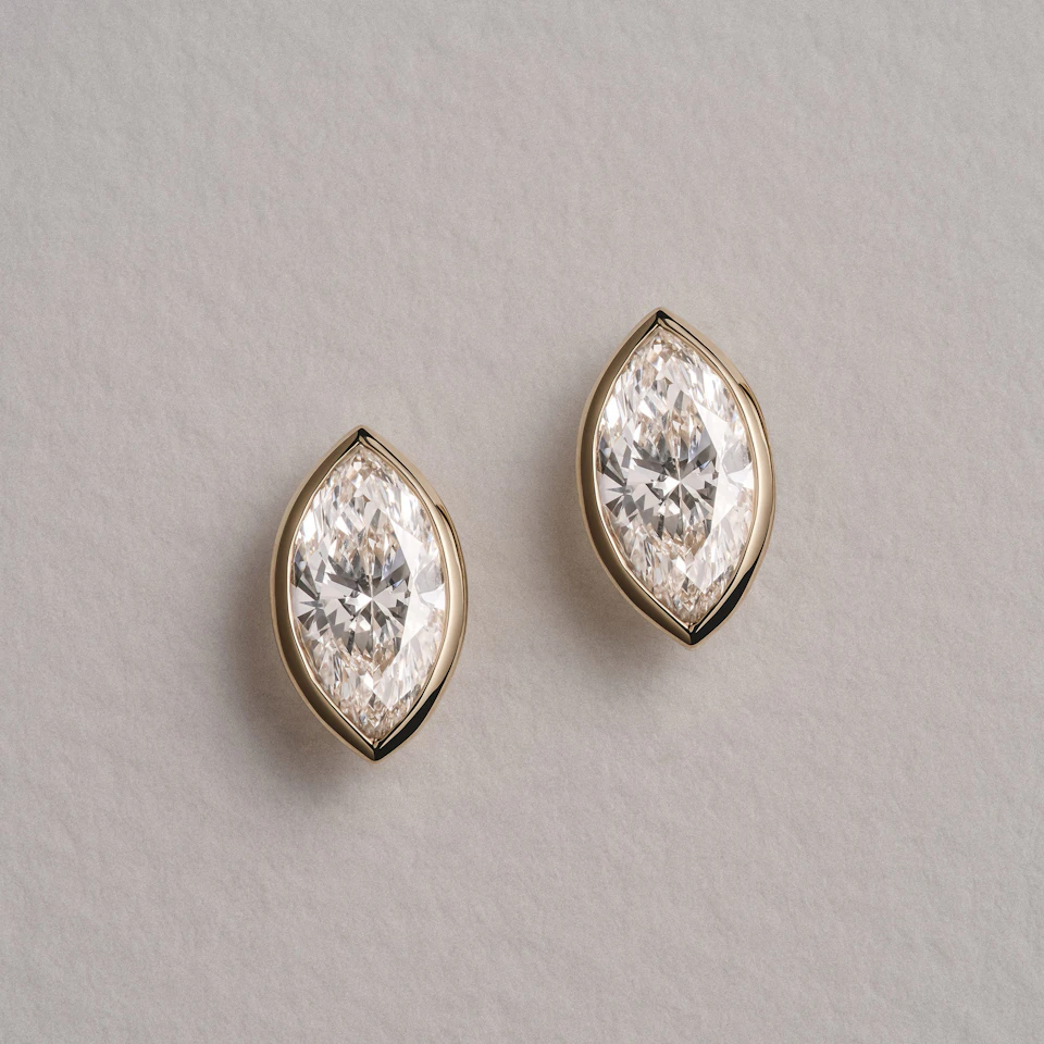 Bezel Set 2.00ct Marquise Cut Lab Diamond Stud Earrings in 18K Yellow Gold