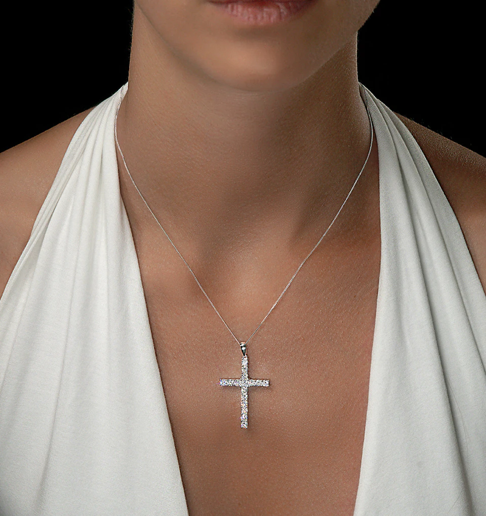 2ct Lab Diamond Cross Claw Set Necklace Pendant H/Si in 9K White Gold