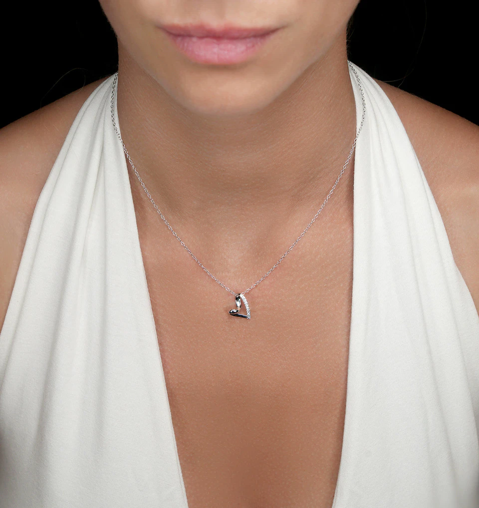 Heart Pendant Necklace 0.10ct Diamond 9K White Gold