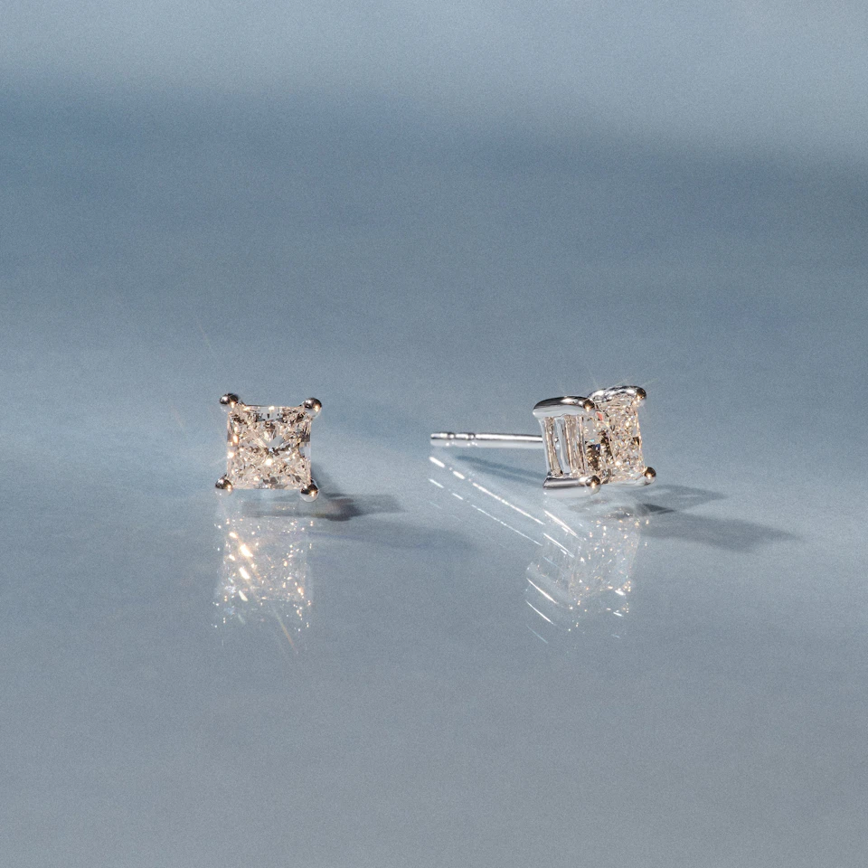 Princess Cut 1ct Lab Diamond Studs Earrings in 9K White Gold