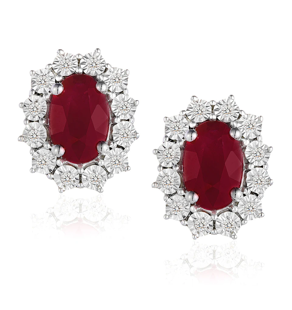 Ruby Earrings with Lab Diamonds in 925 Silver - 6 x 4mm Centre