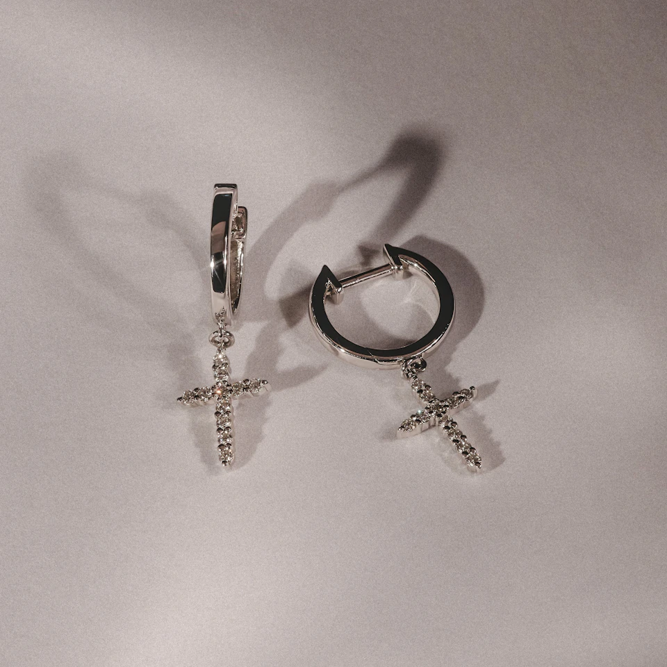 Stellato Cross Hoop 0.24ct H/SI Round Cut Lab Diamond Earrings in Silver