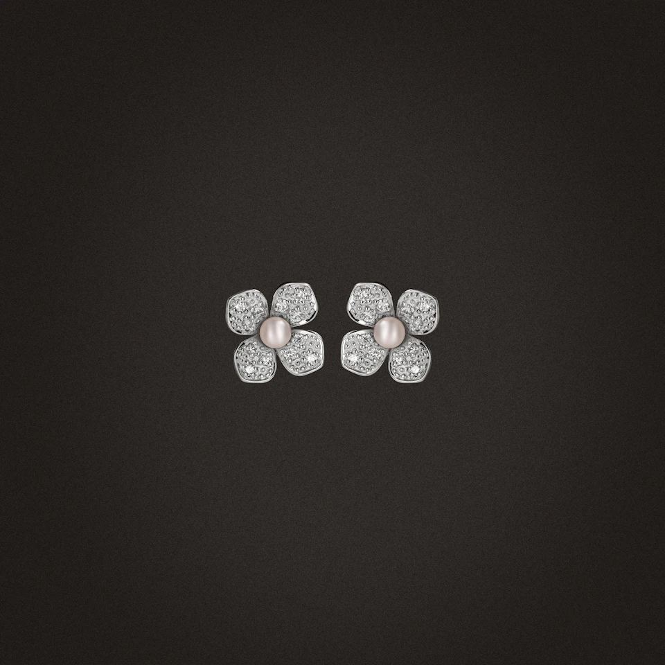 Eden 0.70ct Round Pearl and Lab Diamond Floreal Stud Earrings in Sterling Silver