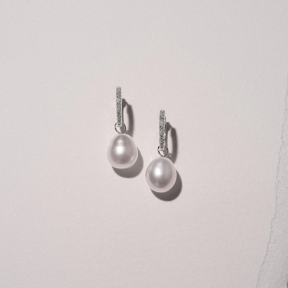 Eden 20.00ct Oval Pearl and Lab Diamond Huggie Drop Earrings in Sterling Silver