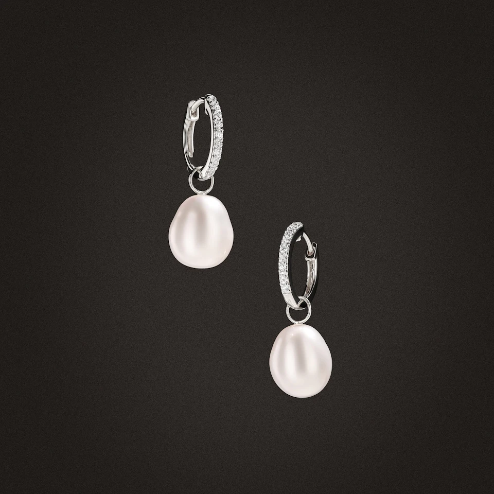 Eden 20.00ct Oval Pearl and Lab Diamond Huggie Drop Earrings in Sterling Silver