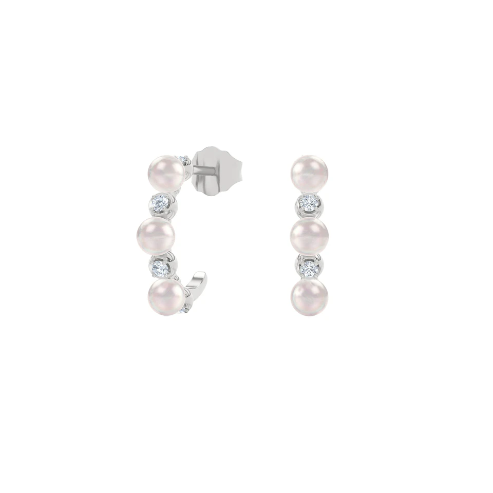 Eden 1.30ct Round Pearl and Lab Diamond Huggie Earrings in Sterling Silver.