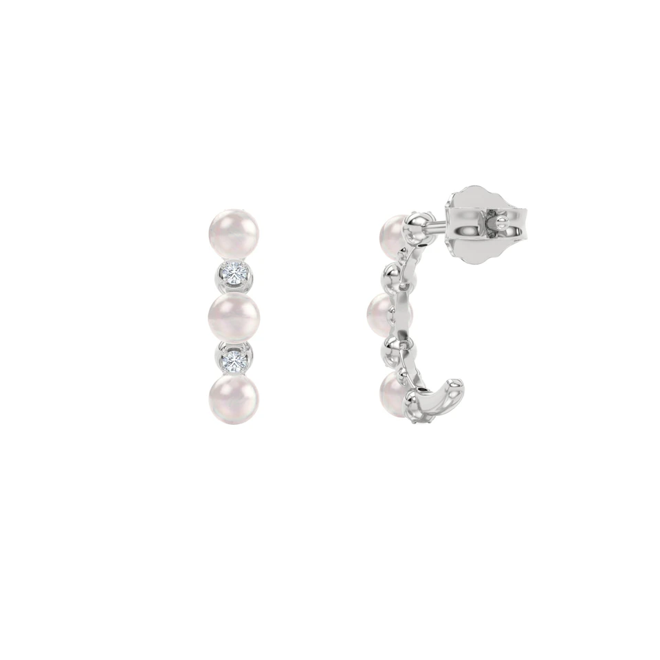 Eden 1.30ct Round Pearl and Lab Diamond Huggie Earrings in Sterling Silver.