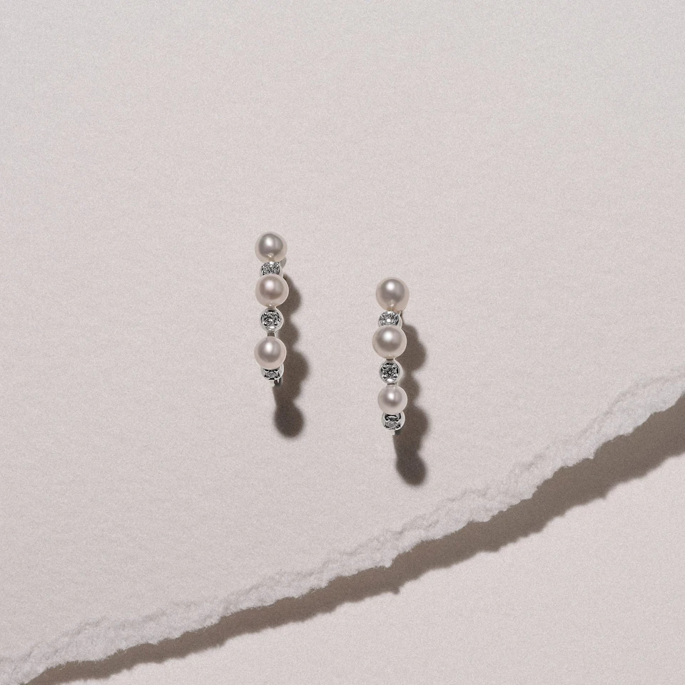 Eden 1.30ct Round Pearl and Lab Diamond Huggie Earrings in Sterling Silver.