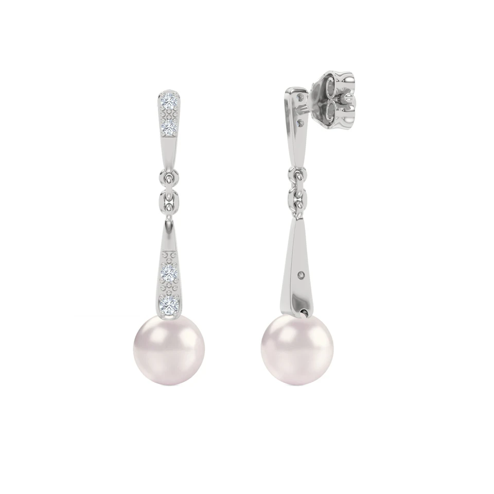 Eden 3.90ct Round Pearl and Lab Diamond Drop Earrings in Sterling Silver.