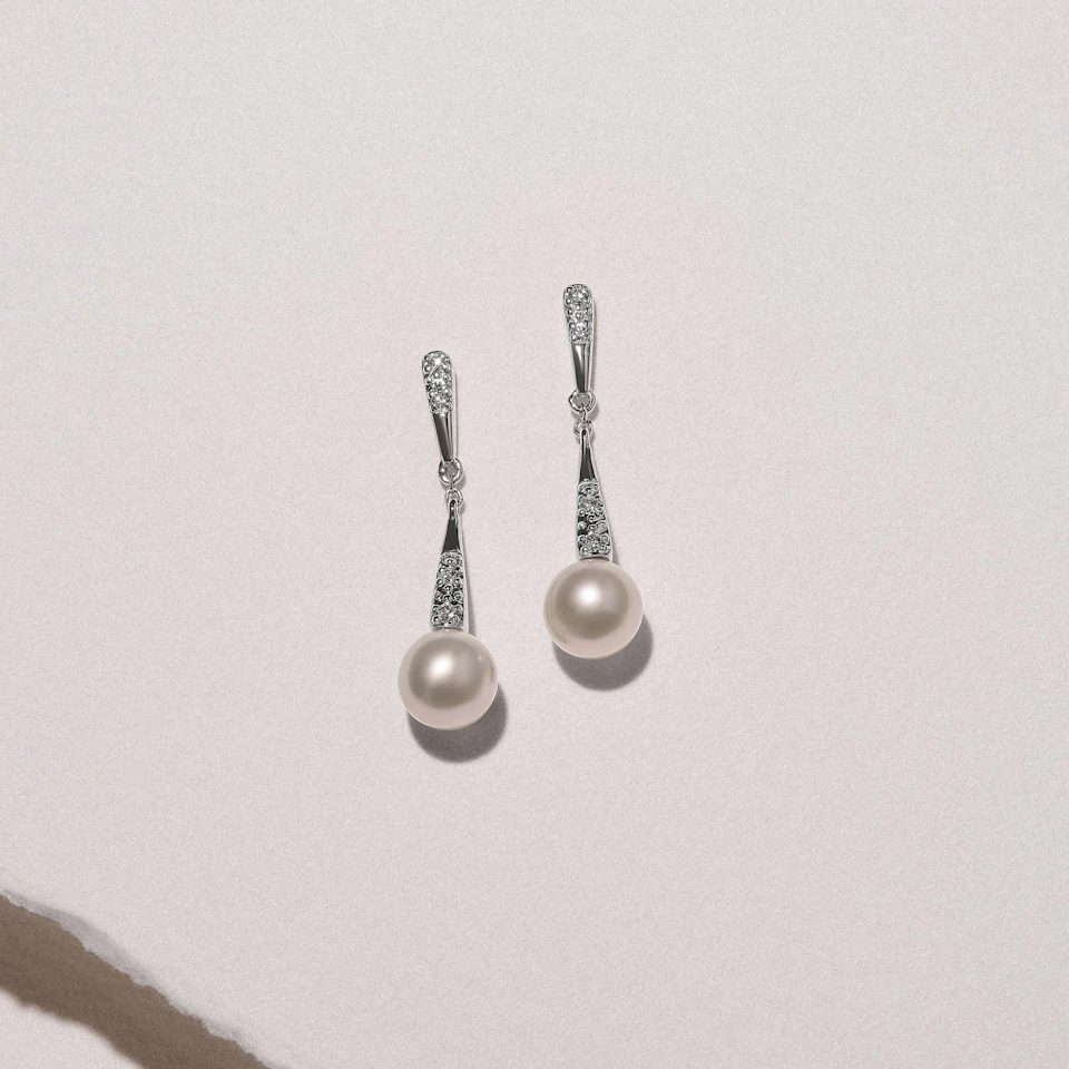 Eden 3.90ct Round Pearl and Lab Diamond Drop Earrings in Sterling Silver.