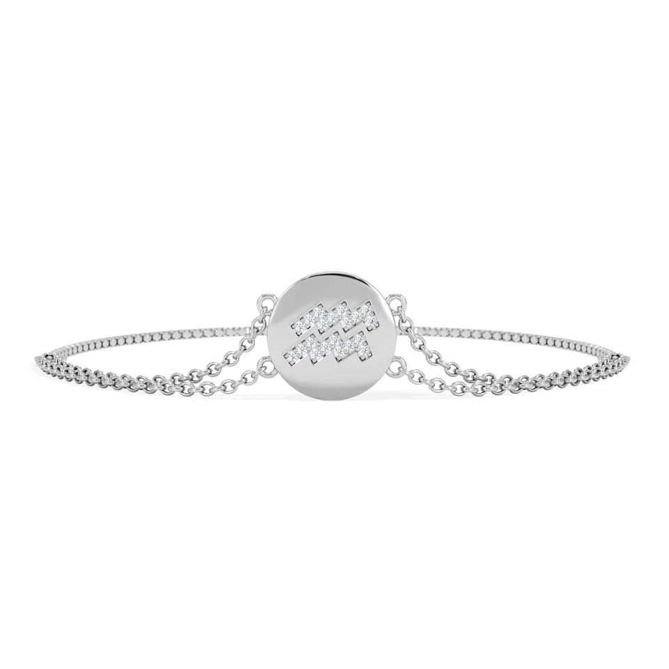 Astrology Aquarius 0.07ct Lab Grown Diamond Adjustable Medallion Bracelet Sterling Silver
