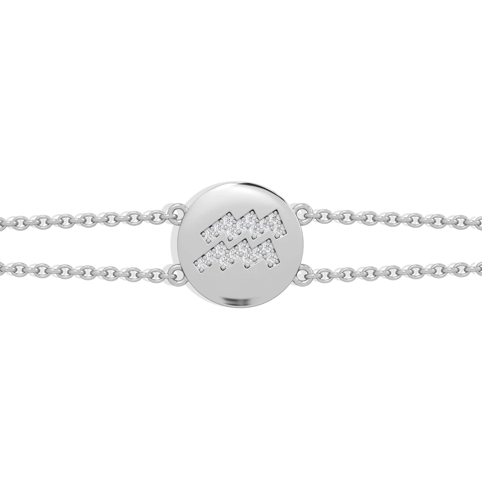 Astrology Aquarius 0.07ct Lab Grown Diamond Adjustable Medallion Bracelet Sterling Silver