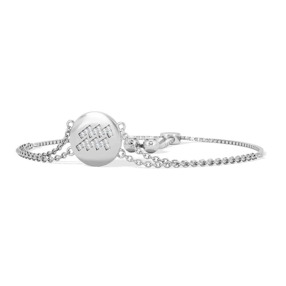 Astrology Aquarius 0.07ct Lab Grown Diamond Adjustable Medallion Bracelet Sterling Silver