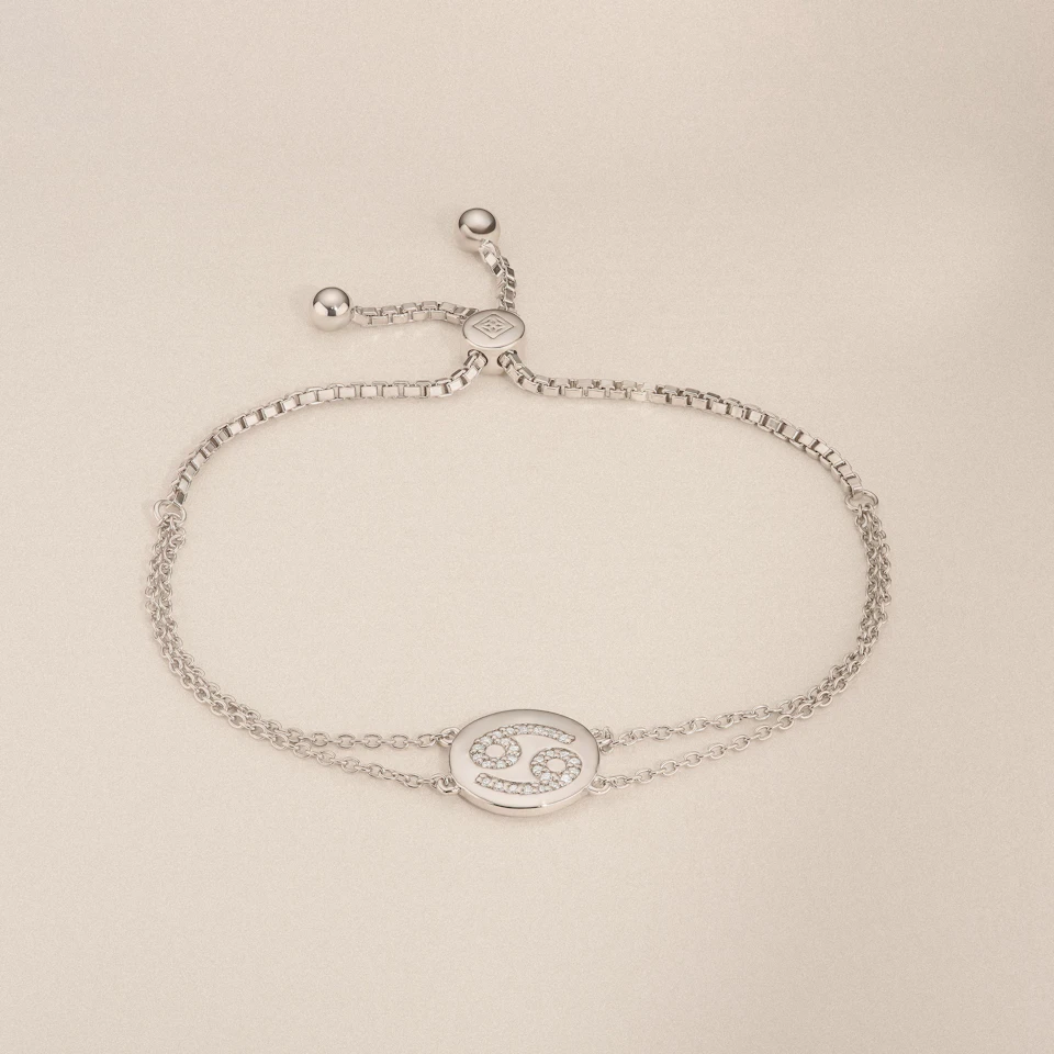 Astrology Cancer 0.07ct Lab Grown Diamond Adjustable Medallion Bracelet Sterling Silver