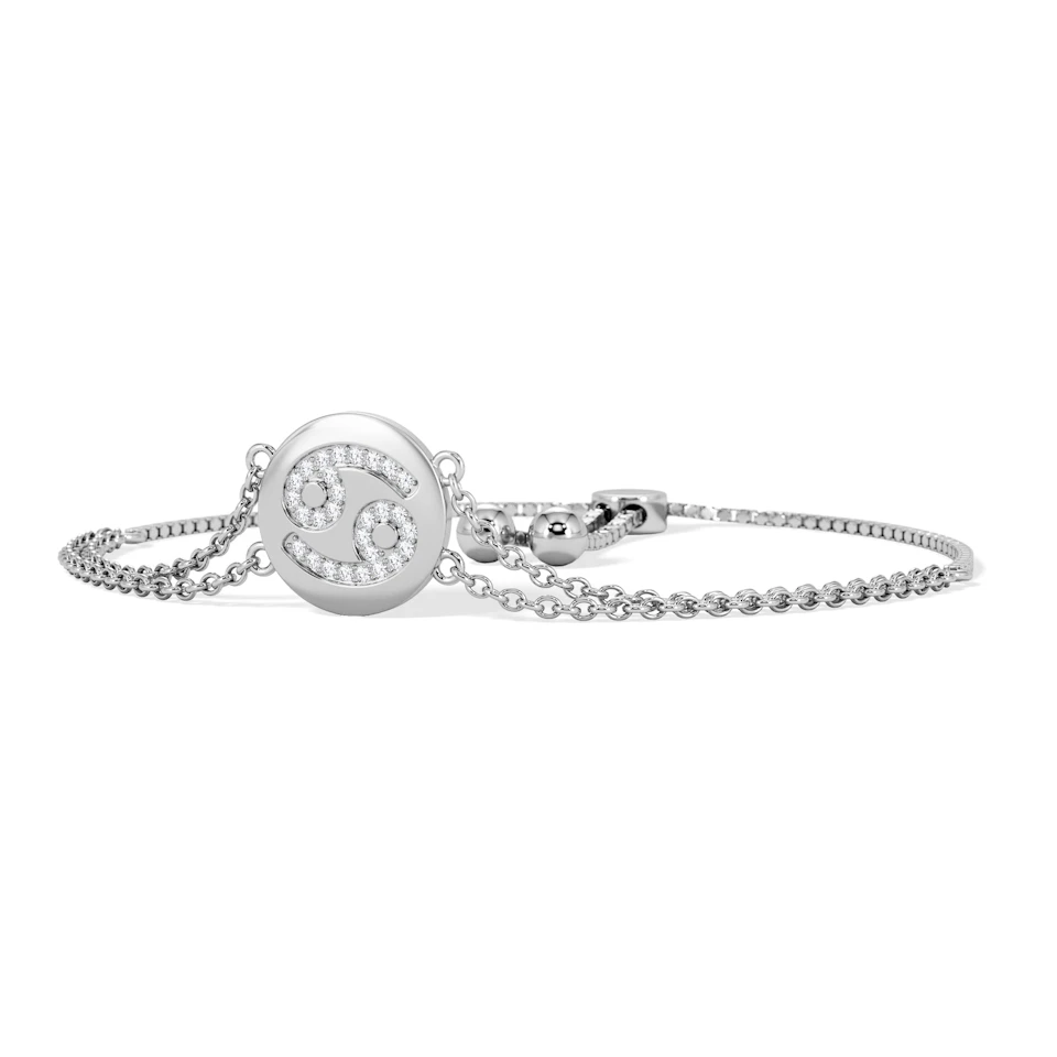 Astrology Cancer 0.07ct Lab Grown Diamond Adjustable Medallion Bracelet Sterling Silver
