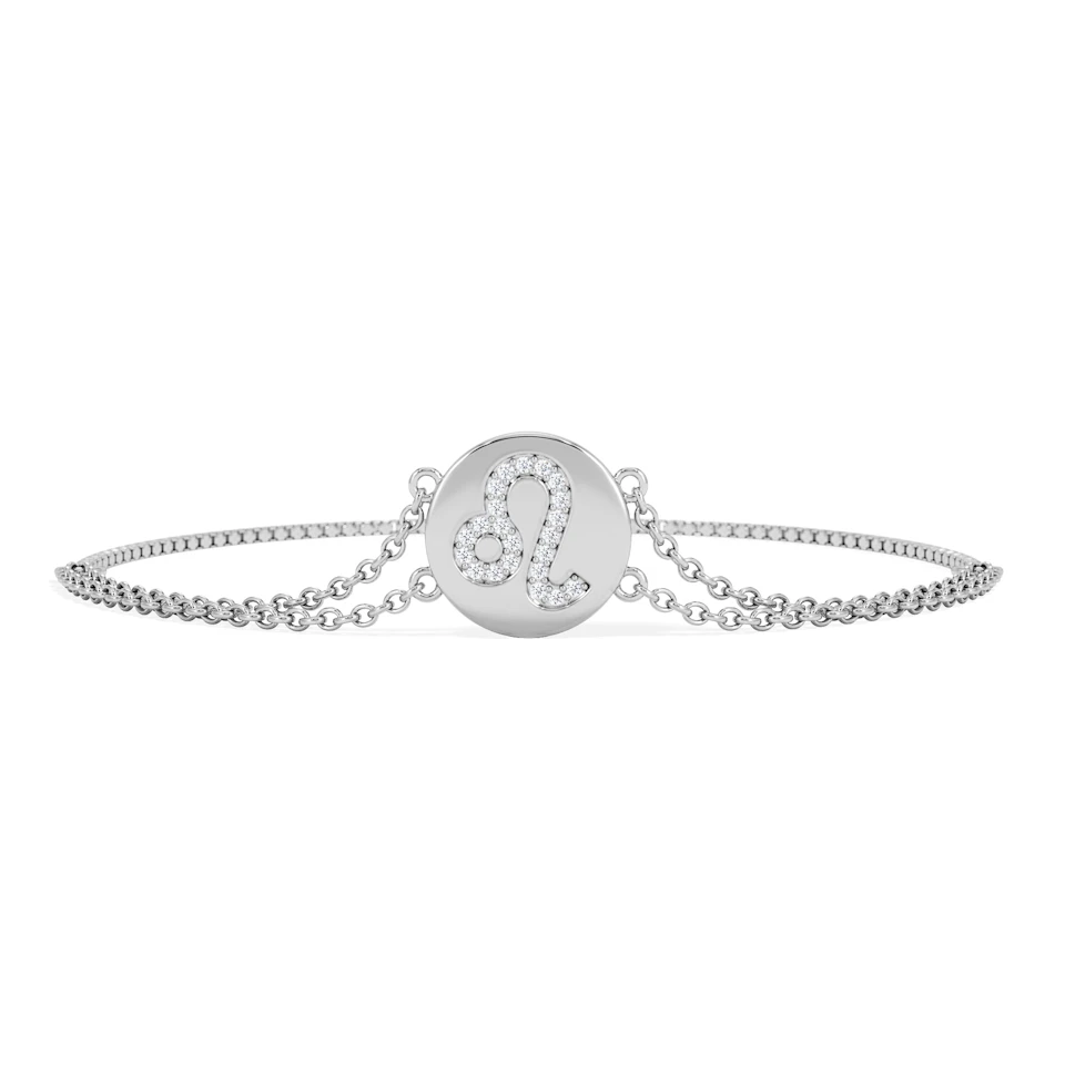 Astrology Leo 0.07ct Lab Grown Diamond Adjustable Medallion Bracelet Sterling Silver