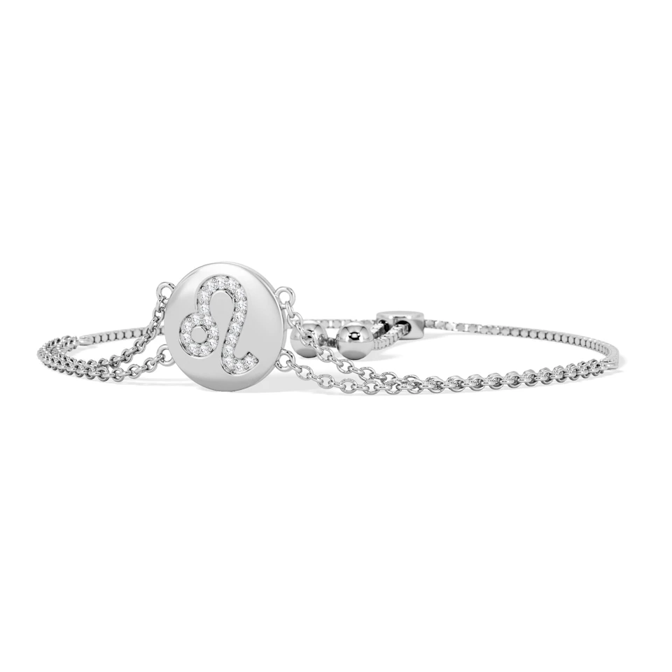 Astrology Leo 0.07ct Lab Grown Diamond Adjustable Medallion Bracelet Sterling Silver