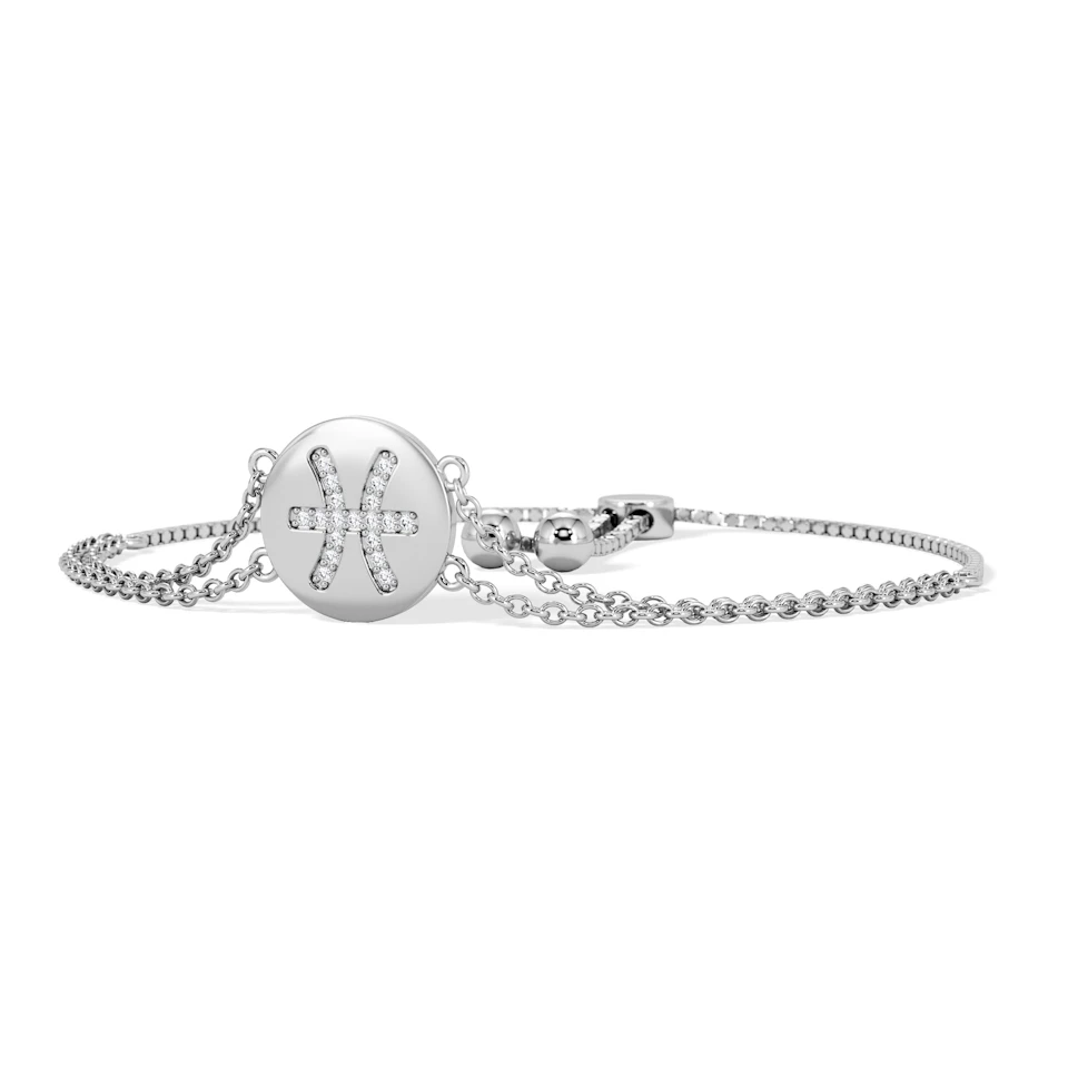 Astrology Pisces 0.07ct Lab Grown Diamond Adjustable Medallion Bracelet Sterling Silver