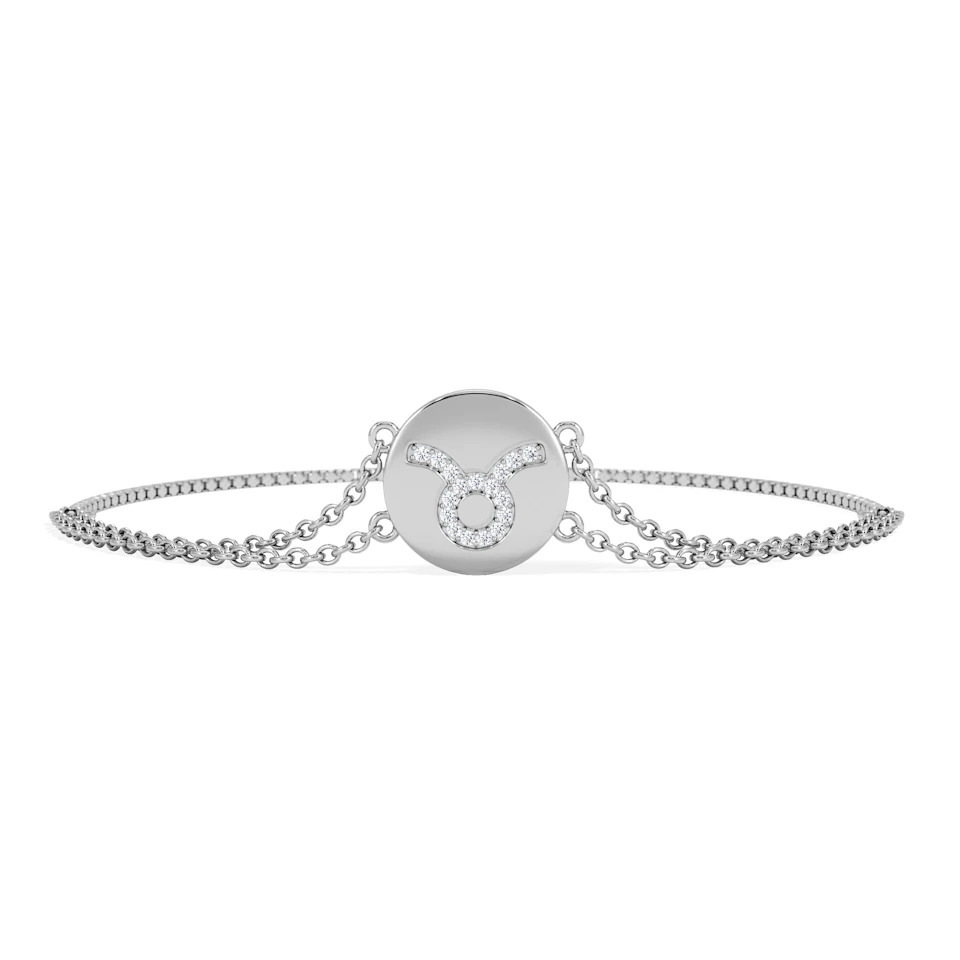 Astrology Taurus 0.07ct Lab Grown Diamond Adjustable Medallion Bracelet Sterling Silver