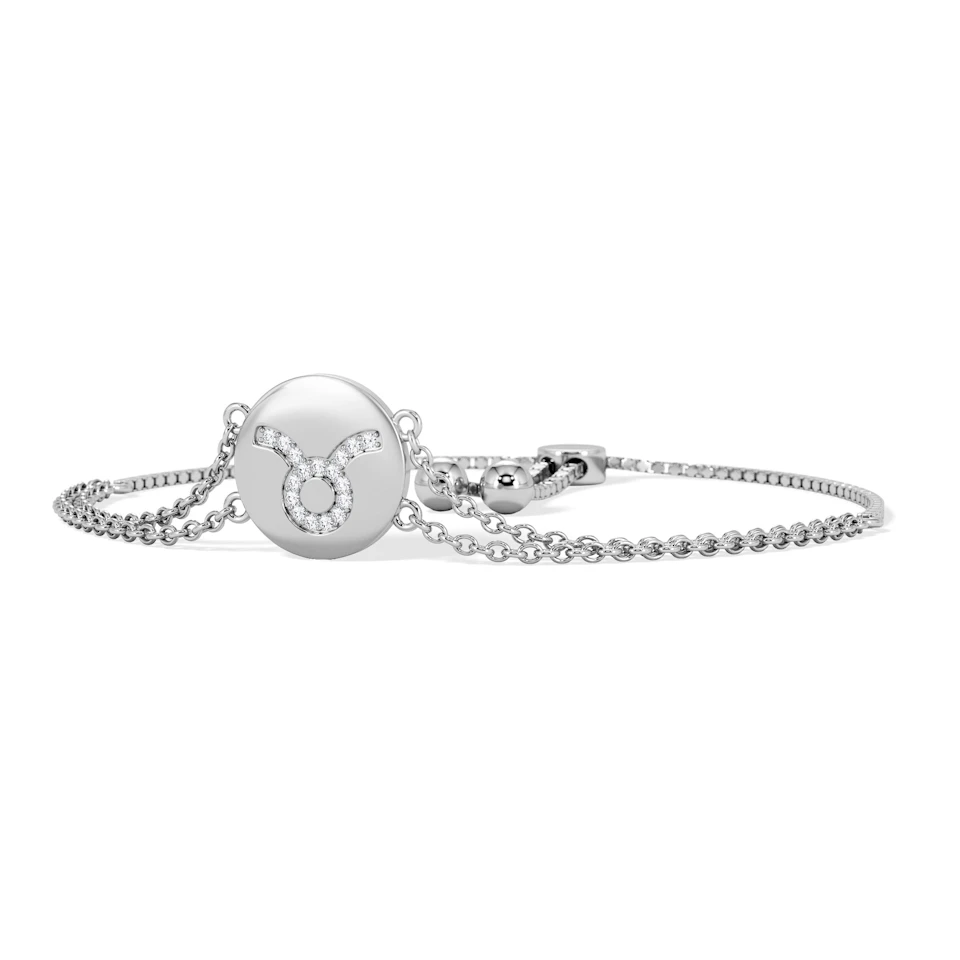 Astrology Taurus 0.07ct Lab Grown Diamond Adjustable Medallion Bracelet Sterling Silver