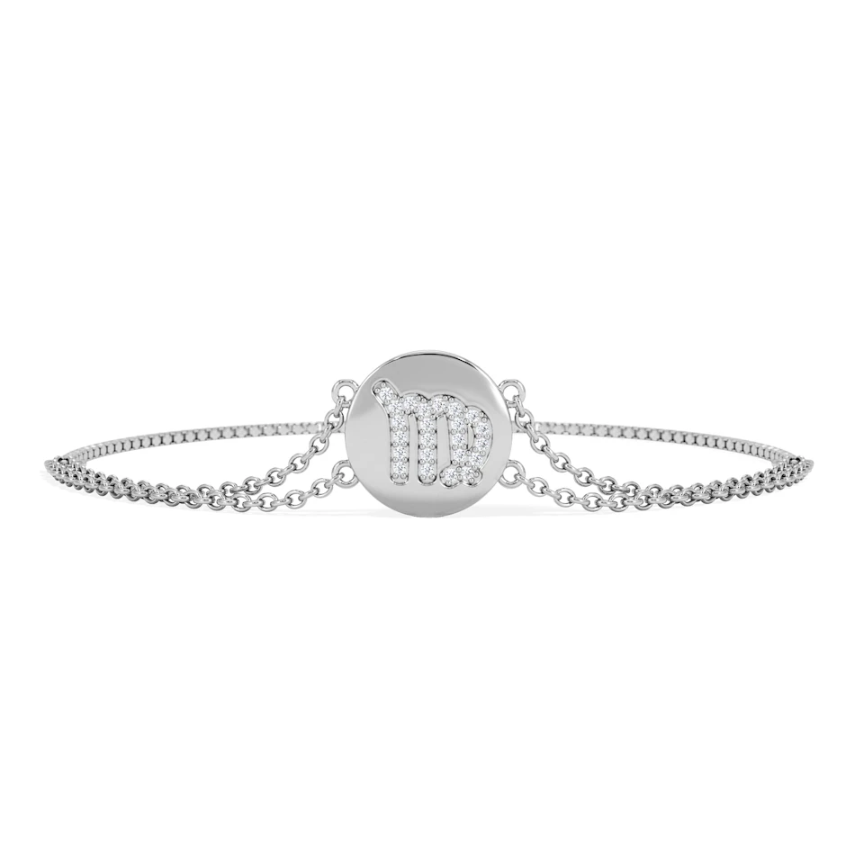 Astrology Virgo 0.07ct Lab Grown Diamond Adjustable Medallion Bracelet Sterling Silver