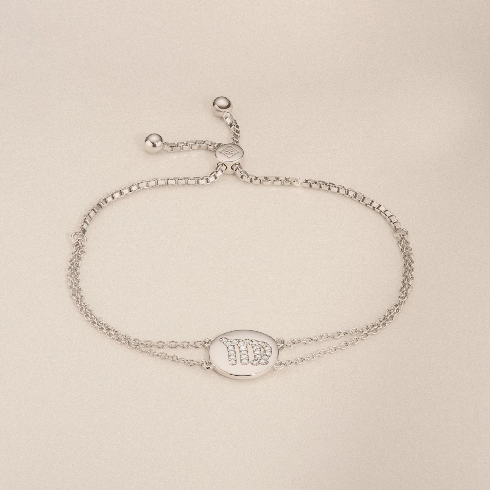 Astrology Virgo 0.07ct Lab Grown Diamond Adjustable Medallion Bracelet Sterling Silver