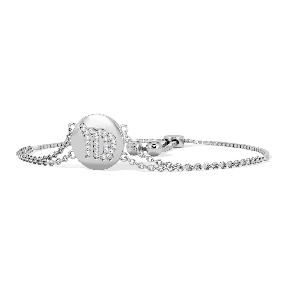 Astrology Virgo 0.07ct Lab Grown Diamond Adjustable Medallion Bracelet Sterling Silver