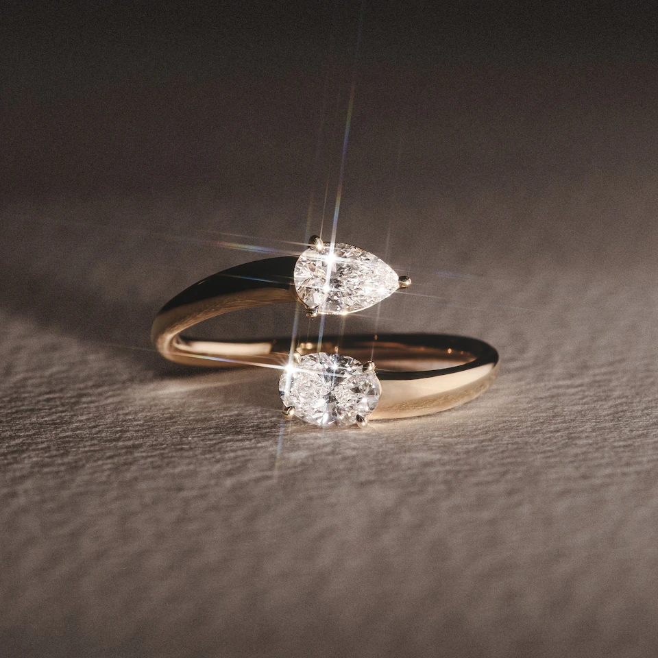 Affinity 0.80ct Oval and Pear Cut Lab Diamond 2 Stone Ring in 18K Yellow Gold