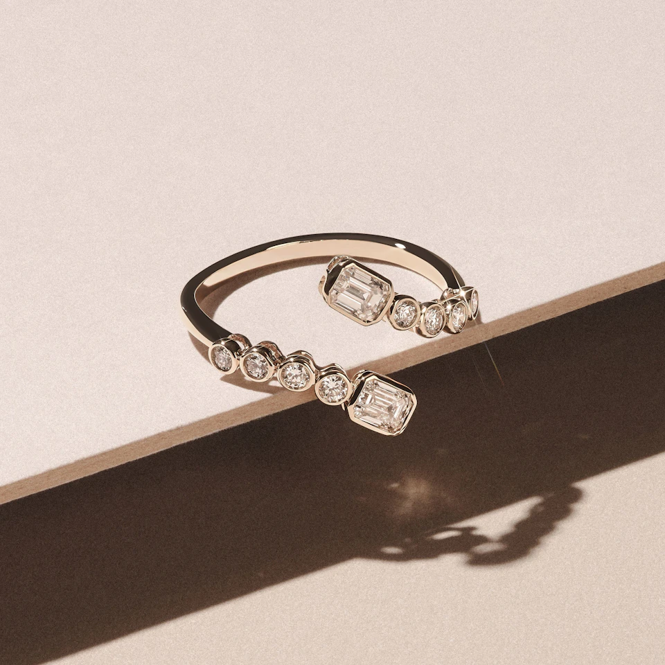 Skyline 0.75ct Emerald and Round Cut Lab Diamond Ring in 14K Yellow Gold