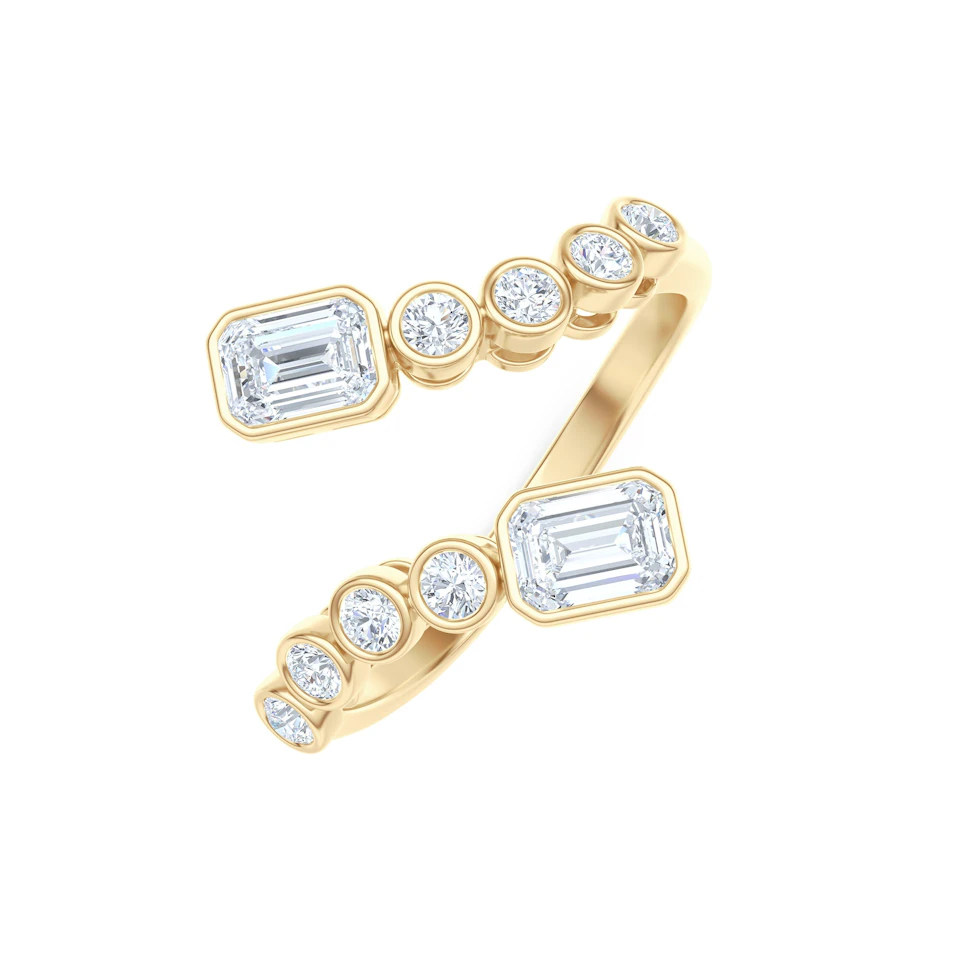 Skyline 0.75ct Emerald and Round Cut Lab Diamond Ring in 14K Yellow Gold