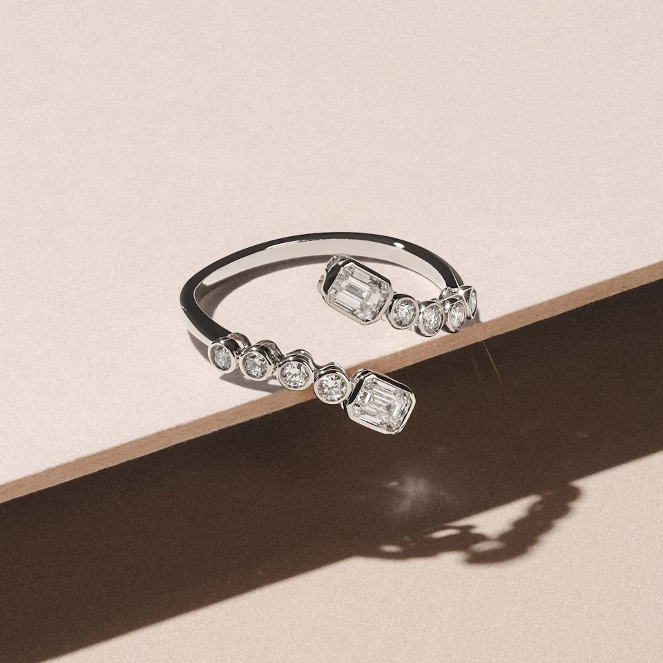 Skyline 0.75ct Emerald and Round Cut Lab Diamond Ring in 14K White Gold
