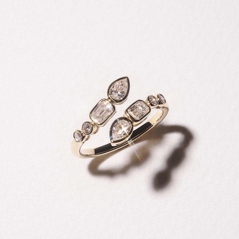 Skyline 1.15ct Pear, Emerald and Round Cut Lab Diamond Ring in 14K Yellow Gold