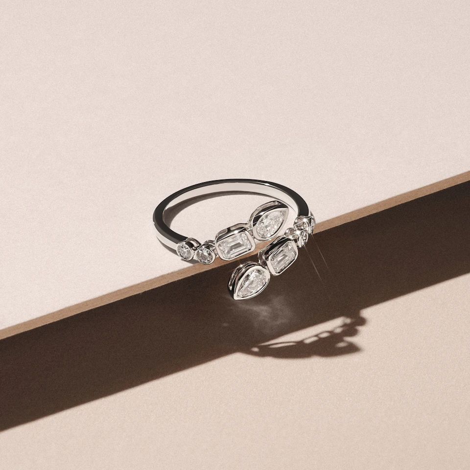 Skyline 1.15ct Pear, Emerald and Round Cut Lab Diamond Ring in 14K White Gold