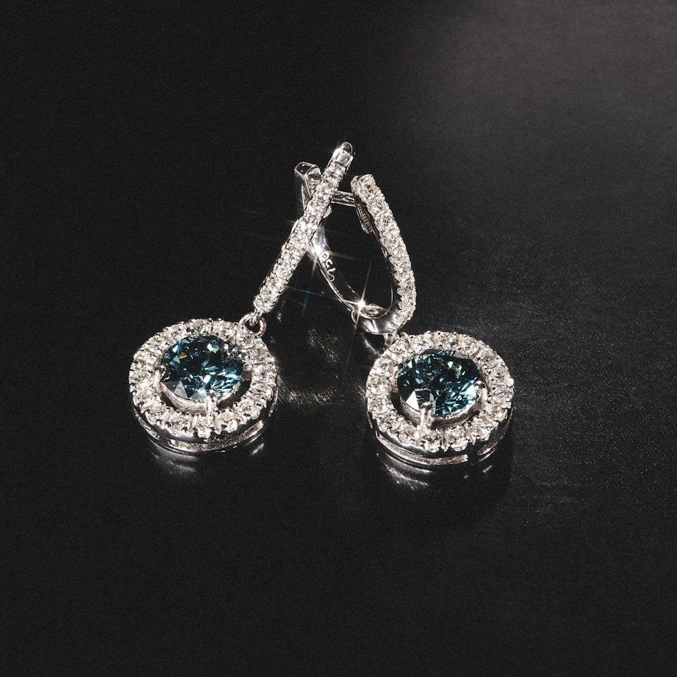 Ella Blue Lab Diamond 2.60ct Halo Drop Earrings in 18K White Gold - Elara Collection