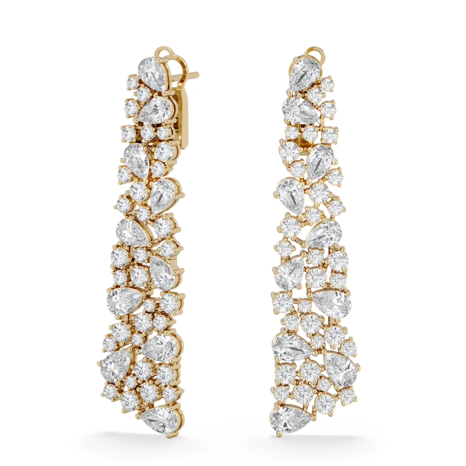 LUXE 10.00ct Lab Diamond Chandelier Earrings with IGI Certified Pear and Round-Cut Diamonds in 18K Yellow Gold