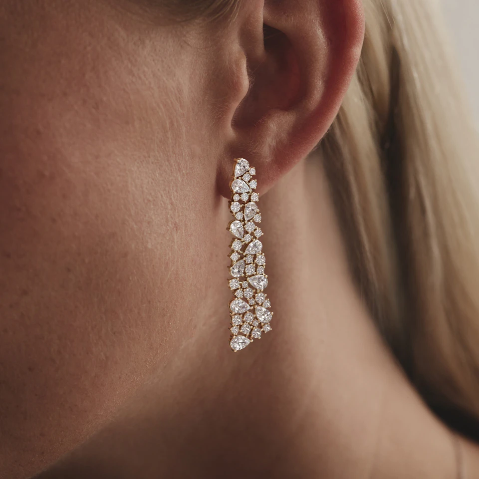 LUXE 10.00ct Lab Diamond Chandelier Earrings with IGI Certified Pear and Round-Cut Diamonds in 18K Yellow Gold