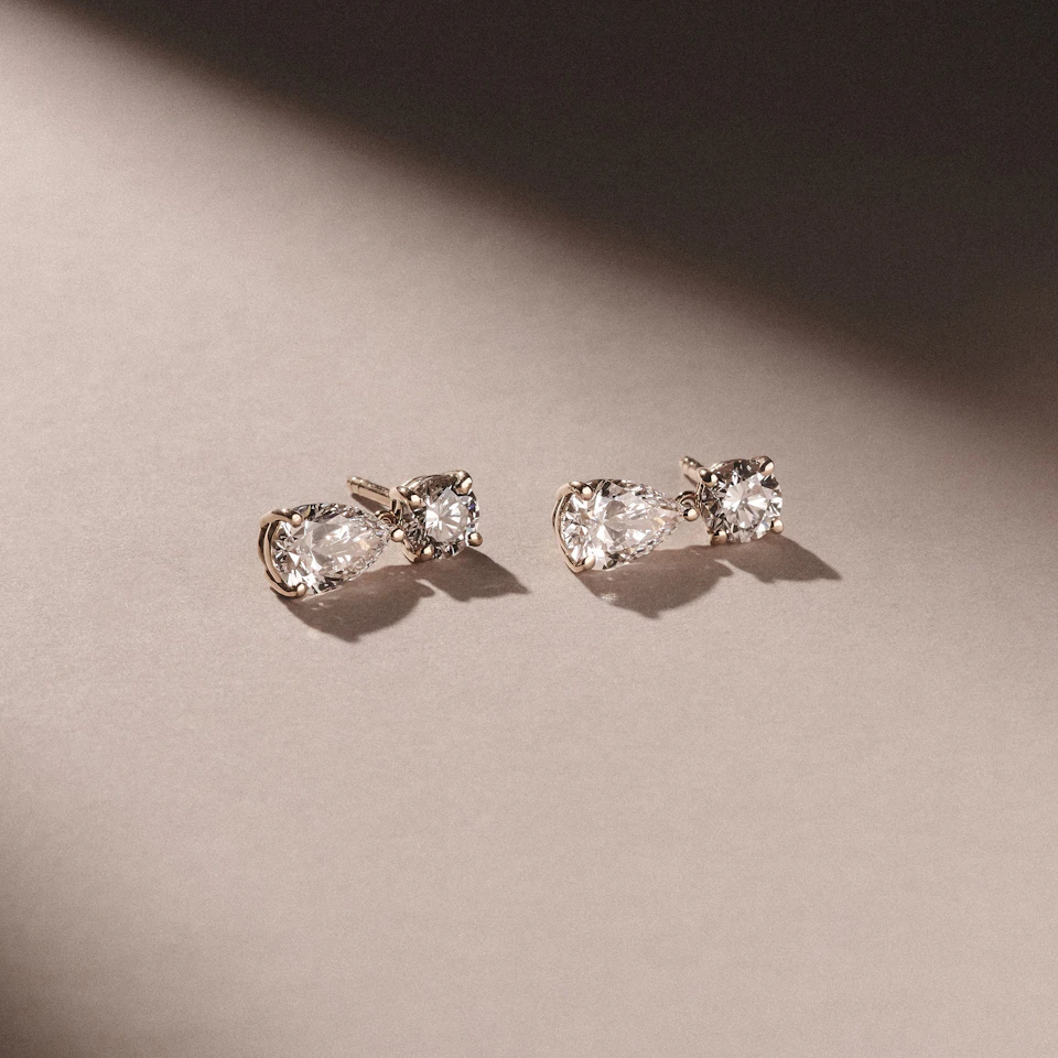3.00ct Round and Pear Cut Lab Diamond Stud Earrings in 9K Yellow Gold