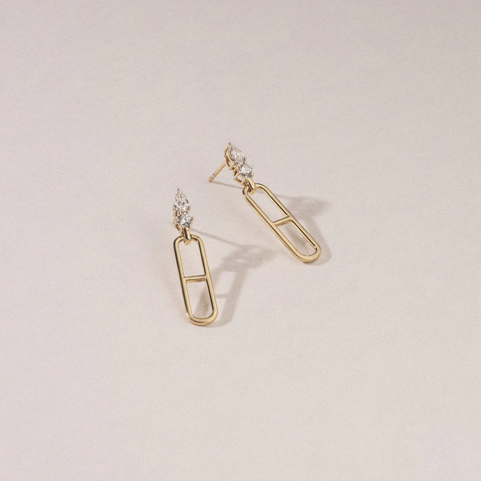 Paperclip 0.47ct Lab Diamond Drop Link Earrings in 18K Yellow Gold