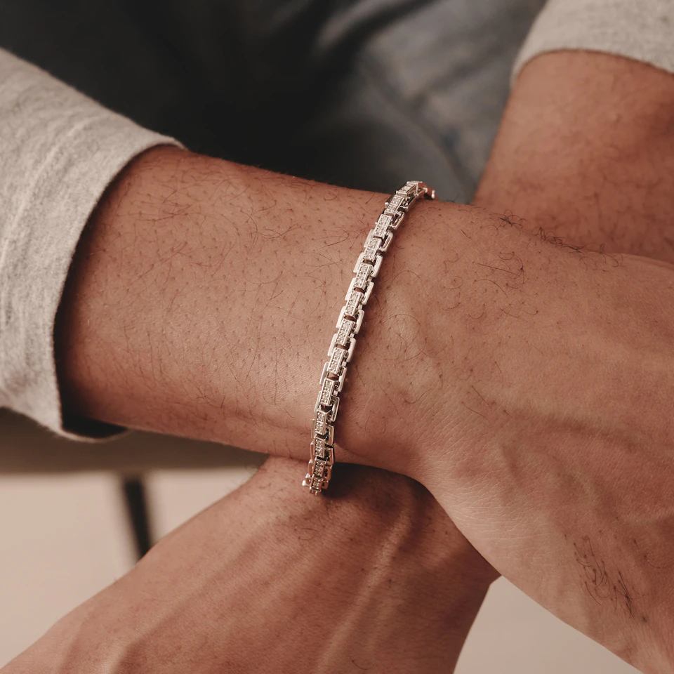 8 Inch Havana Lab Men Diamond Box Set Bracelet 0.85ct in 925 Silver