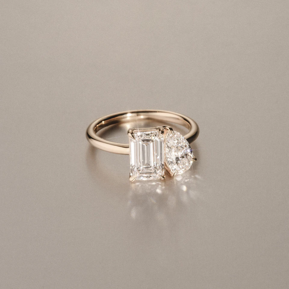 Toi Et Moi 3.00ct Emeraldand Pear Cut Lab Diamond Engagement Ring in 18K Yellow Gold