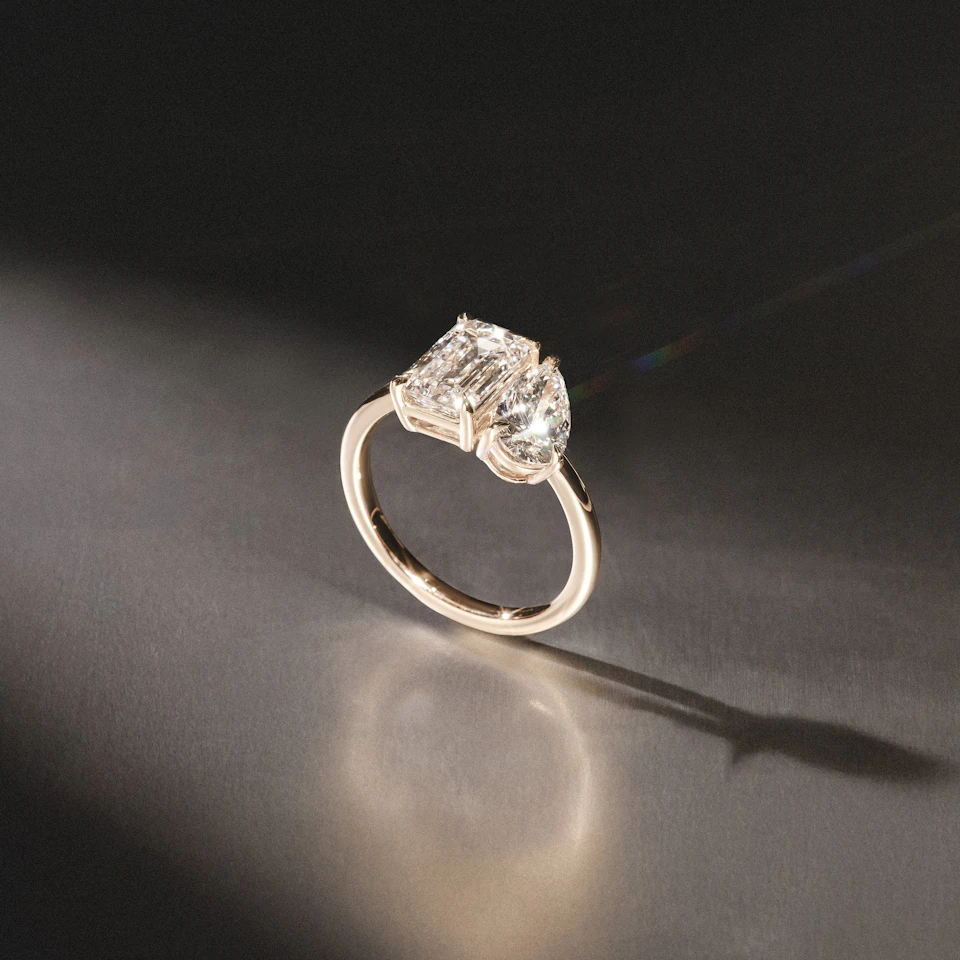 Toi Et Moi 3.00ct Emeraldand Pear Cut Lab Diamond Engagement Ring in 18K Yellow Gold