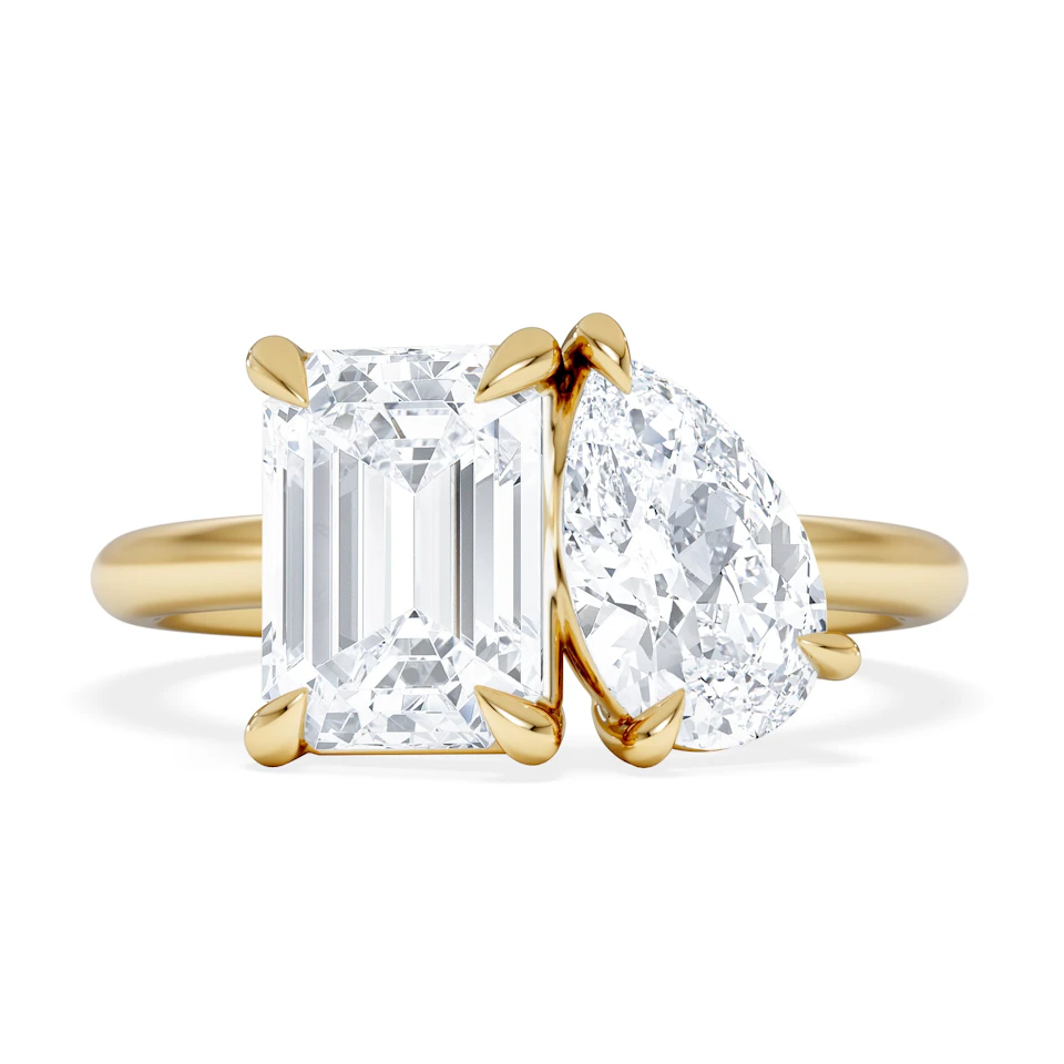 Toi Et Moi 3.00ct Emeraldand Pear Cut Lab Diamond Engagement Ring in 18K Yellow Gold