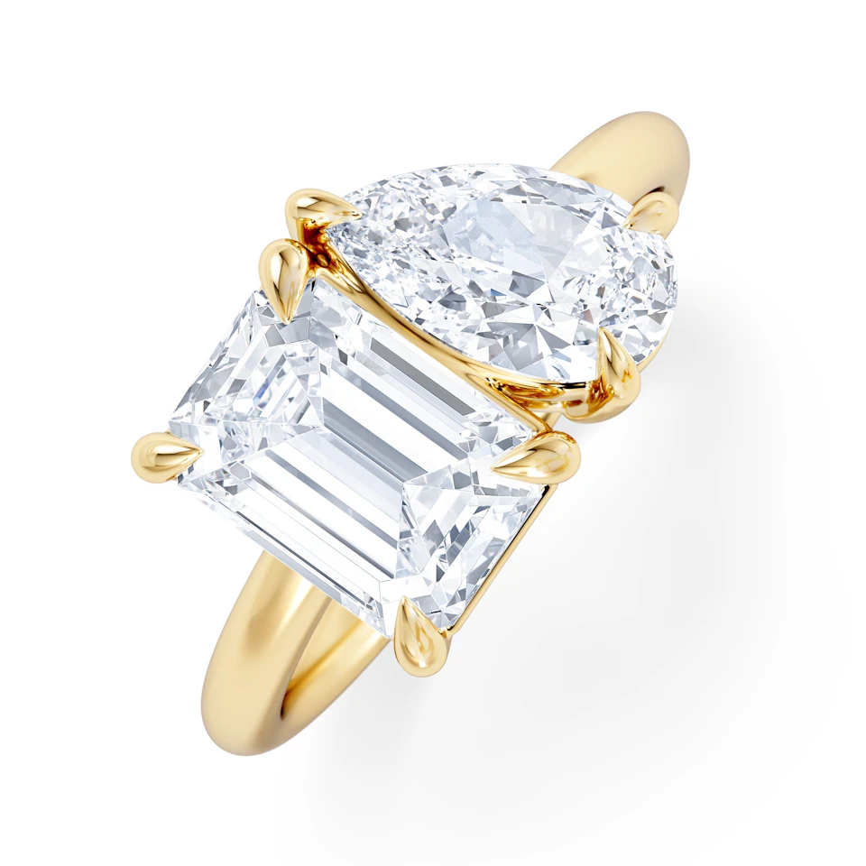 Toi Et Moi 3.00ct Emeraldand Pear Cut Lab Diamond Engagement Ring in 18K Yellow Gold
