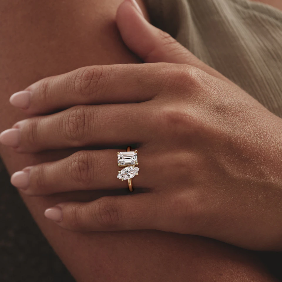 Toi Et Moi 3.00ct Marquise and Emerald Cut Lab Diamond Engagement Ring in 18K Yellow Gold