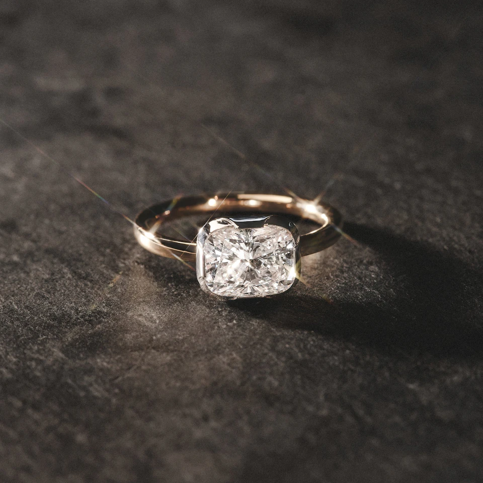 East West 2.00ct Elongated Cushion Cut Lab Diamond Solitaire Engagement Ring in 18K Yellow Gold